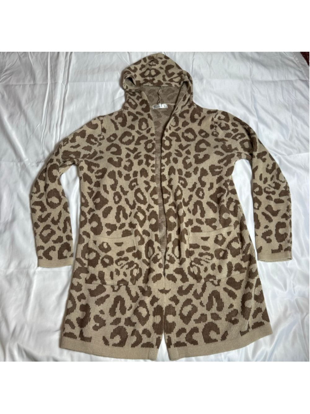 Women's 89th & Madison Leopard Print Hooded Cardigan, Size M, Beige/Brown